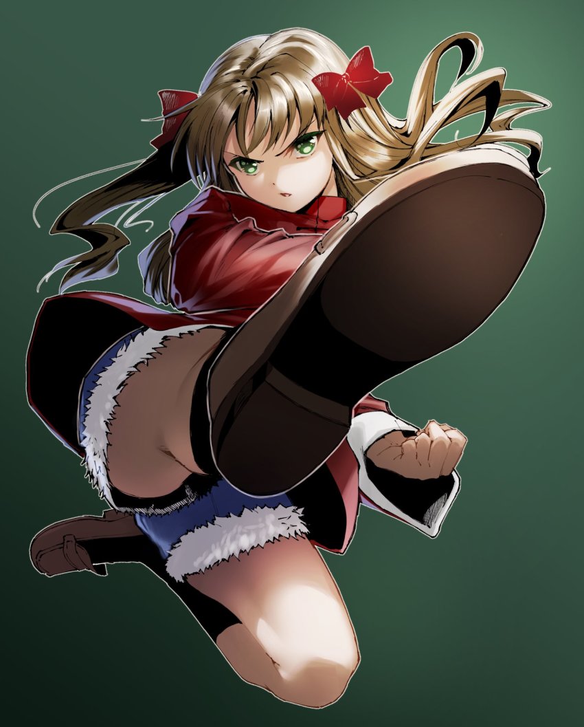 &gt;:( 1girl arima_miyako bajiquan_(martial_arts) black_socks blue_shorts bow brown_hair brown_shoes chinese_clothes clenched_hand cutoffs denim denim_shorts flying_kick frown full_body gradient_background green_background green_eyes hair_bow high_collar highres jacket jumping kicking loafers long_hair long_sleeves martial_arts melty_blood midair outstretched_leg perspective red_bow red_jacket shoe_soles shoes shorts socks solo tangzhuang torn_clothes torn_shorts tsukihime tsurime upshorts v-shaped_eyebrows wide_sleeves yasuo_(torinikukani)