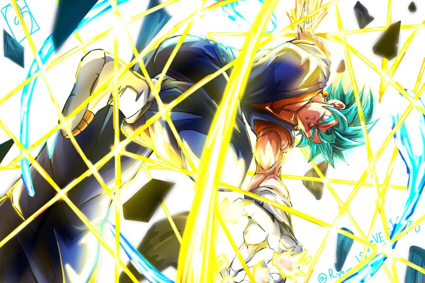 1boy aura blue_eyes blue_hair blue_pants blue_shirt dougi dragon_ball dragon_ball_super dragon_ball_z_dokkan_battle earrings energy_sword foot_out_of_frame gloves highres jewelry male_focus medium_hair muscular muscular_male orange_shirt pants potara_earrings ryo_lovevegito shirt solo spiked_hair super_saiyan super_saiyan_blue sword transcendent_blazer upper_body vegetto weapon white_background white_gloves