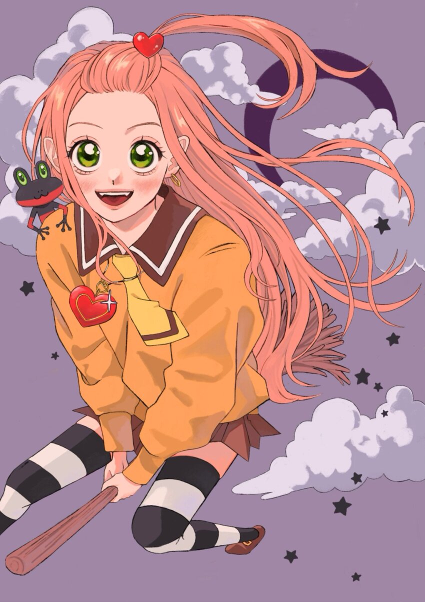 1girl animal blush broom broom_riding chocolat_meilleure cloud commentary duke_(sugar_sugar_rune) earrings frog green_eyes heart_pendant highres it0tet0i jewelry long_hair looking_at_viewer magical_girl on_shoulder open_mouth orange_hair school_uniform smile star_(sky) striped_clothes striped_thighhighs sugar_sugar_rune thighhighs