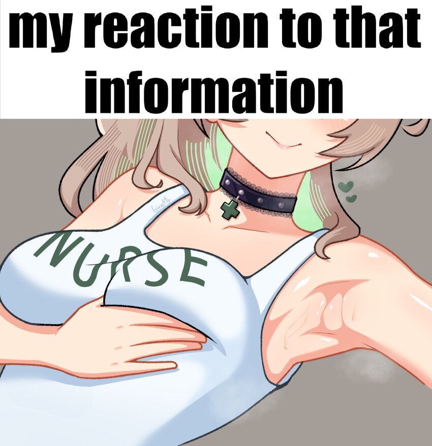 1girl absurdres armpits breasts brown_hair closed_mouth english_text ginotty grabbing_own_breast green_hair highres indie_virtual_youtuber lace-trimmed_collar lace_trim large_breasts meme multicolored_hair my_reaction_to_that_information_(meme) nimi_nightmare smile solo sweat tank_top two-tone_hair virtual_youtuber white_tank_top