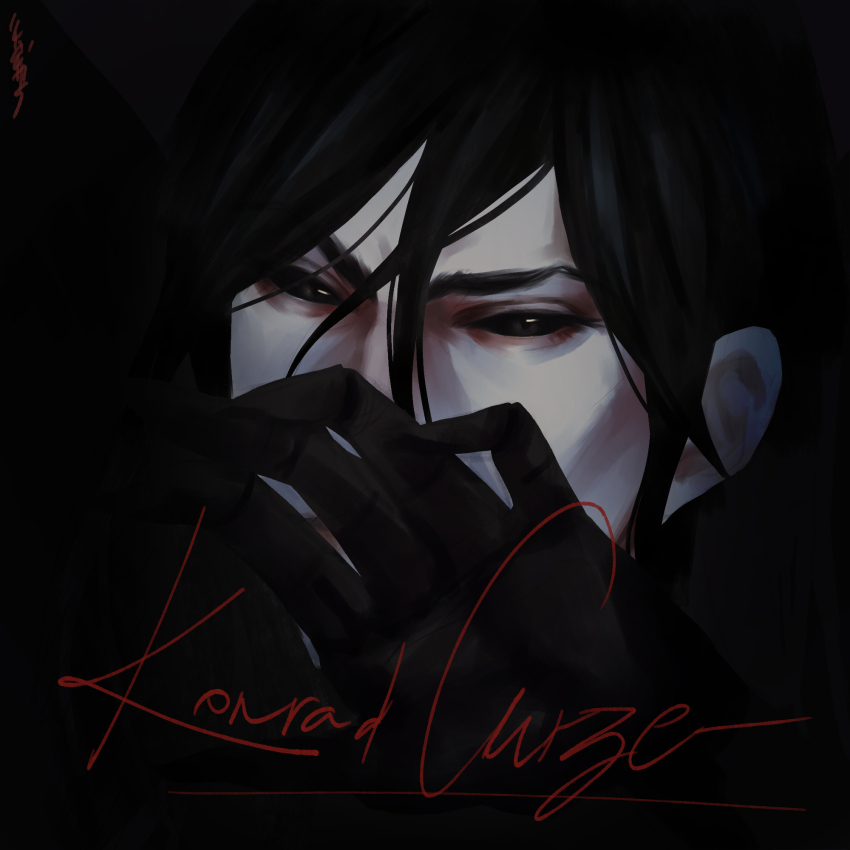1boy black_background black_eyes black_hair black_sclera character_name colored_sclera commentary covering_own_eyes enerisart english_commentary eyelashes hair_between_eyes highres konrad_curze long_hair looking_at_viewer male_focus night_lords pale_skin portrait primarch shielding simple_background solo warhammer_40k