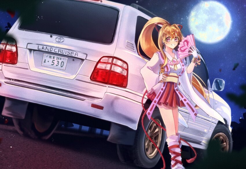 1girl breasts brown_eyes car commission floating_hair folding_fan gloves hair_intakes hand_fan hand_on_own_hip highres holding holding_fan japanese_clothes kaitou_jeanne kamikaze_kaitou_jeanne kimono kusakabe_maron long_hair looking_at_viewer medium_breasts moon mugi_(marineblue134) pink_eyes pink_socks ponytail red_skirt skeb_commission skirt smile socks solo sports_utility_vehicle toyota toyota_land_cruiser tube_socks vehicle_focus very_long_hair white_gloves white_kimono