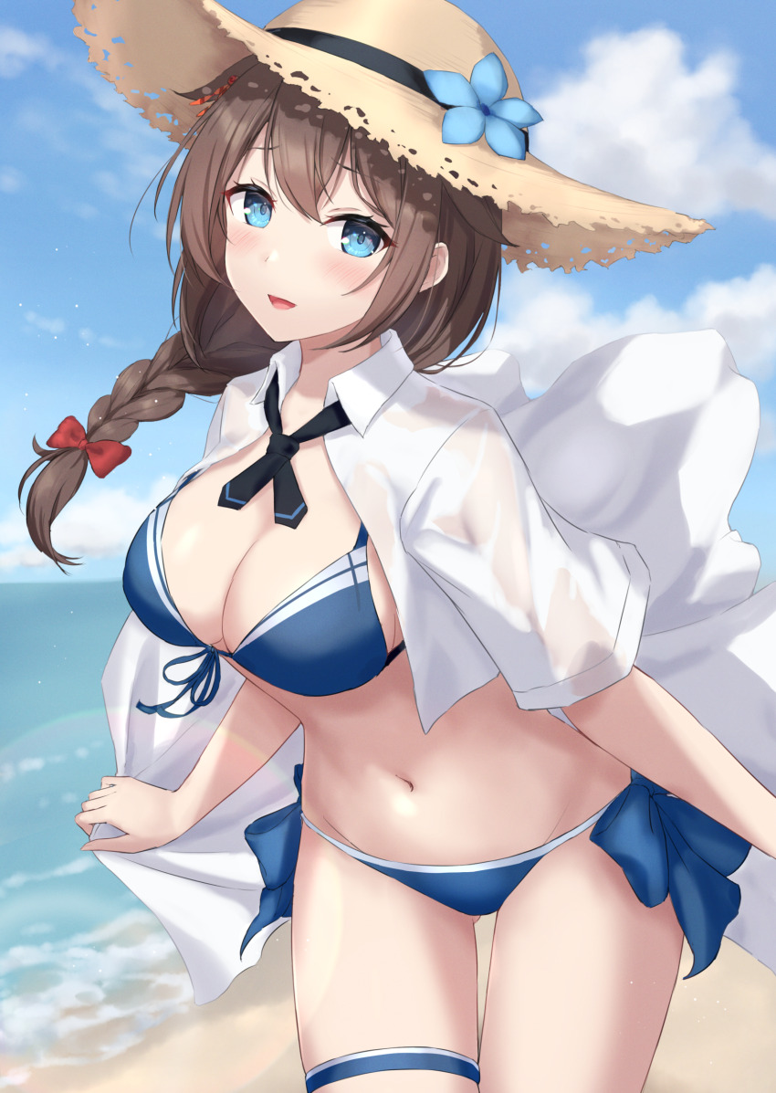1girl absurdres beach bikini blue_bikini blue_eyes blue_flower blush braid breasts brown_hair brown_hat collared_shirt cowboy_shot day flower hair_between_eyes hair_flaps hat hat_flower highres kantai_collection large_breasts long_hair looking_at_viewer monoku navel ocean official_alternate_costume open_clothes open_mouth open_shirt outdoors shigure_(kancolle) shigure_kai_san_(kancolle) shigure_kai_san_(swimsuit)_(kancolle) shirt short_sleeves single_braid solo straw_hat swimsuit thigh_strap white_shirt