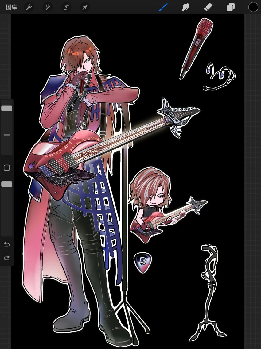 1boy art_program_in_frame black_background black_boots black_pants black_tank_top boots brown_gloves brown_hair chest_strap chibi chibi_inset coat dirge_of_cerberus_final_fantasy_vii final_fantasy final_fantasy_vii fingerless_gloves full_body genesis_rhapsodos gloves grose guitar hair_over_one_eye highres holding holding_guitar holding_instrument holding_microphone instrument long_coat male_focus medium_hair microphone pants red_coat single_shoulder_pad smile solo tank_top