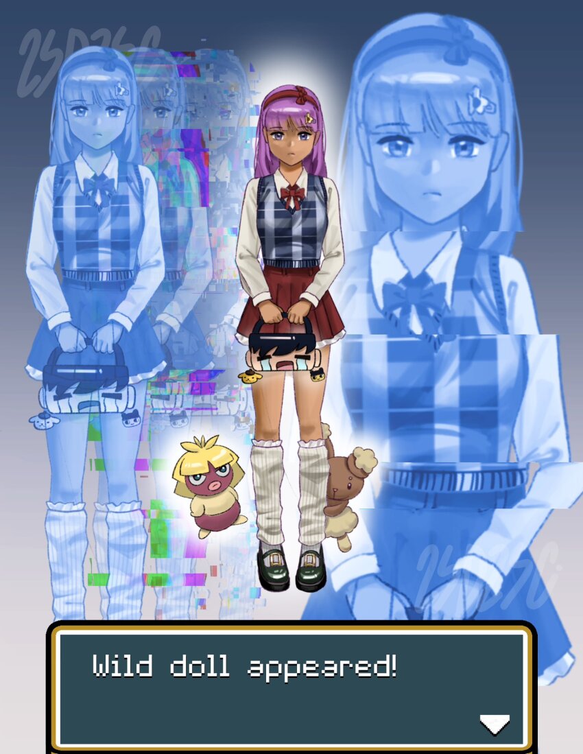1girl 2sad2sci bag black_shoes blue_sweater_vest buneary dark-skinned_female dark_skin dialogue_box english_text gen_2_pokemon gen_4_pokemon glitch highres holding holding_bag kneehighs long_hair looking_at_viewer multiple_views nintendo plaid_clothes plaid_sweater_vest pokemon pokemon_(creature) purple_eyes purple_hair red_skirt school_bag shirt shoes skirt smoochum socks sweater_vest white_shirt white_socks