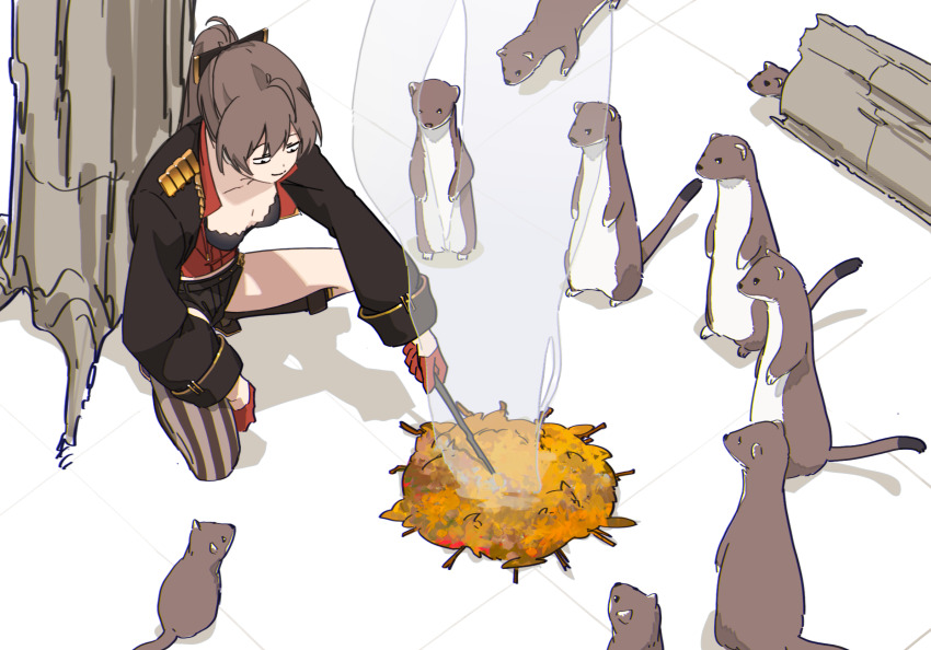 1girl aiguillette animal azur_lane black_jacket black_shorts boots bow breasts brown_hair cleavage closed_eyes closed_mouth cropped_jacket fire food gloves hair_between_eyes hair_bow half_gloves hatski.sin highres holding jacket jean_bart_(azur_lane) long_hair long_sleeves ponytail red_gloves short_shorts shorts single_thighhigh sleeve_cuffs solo squatting striped_clothes striped_thighhighs thighhighs vertical-striped_clothes vertical-striped_thighhighs