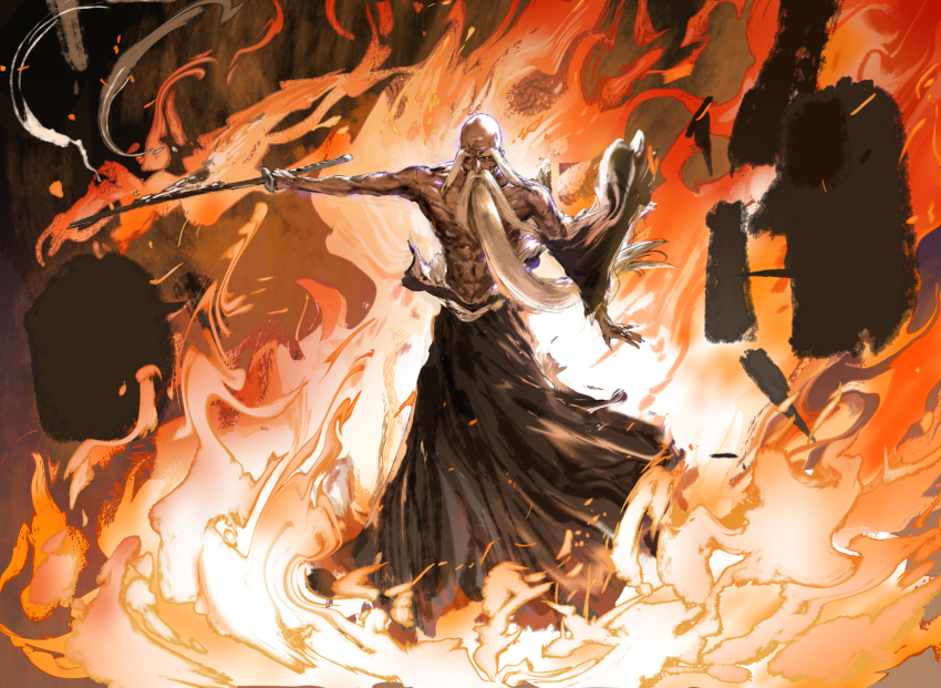 1boy abs arm_at_side ashorz beard black_kimono blank_speech_bubble bleach commentary detached_sleeves facial_hair fire highres holding holding_sword holding_weapon japanese_clothes katana kimono long_beard long_eyebrows looking_at_viewer male_focus old old_man orange_theme outstretched_arm sash single_sleeve sketch solo speech_bubble standing sword topless_male torn_clothes torn_sleeves unsheathed weapon wrinkled_skin yamamoto-genryuusai_shigekuni