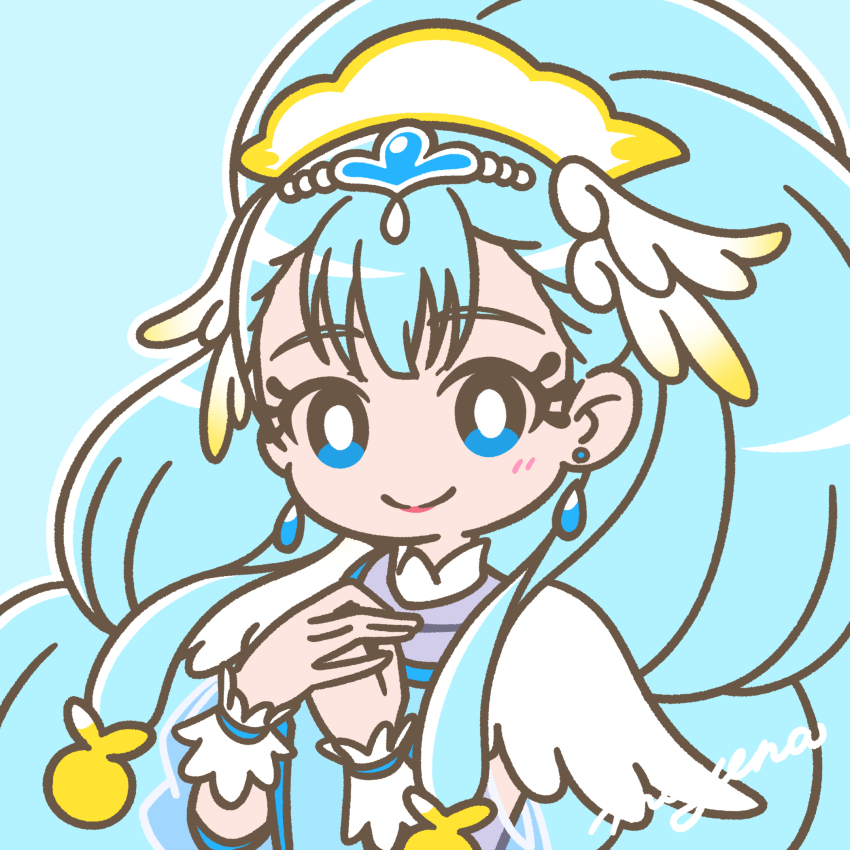 1girl blue_background blue_eyes blue_hair blush bright_pupils closed_mouth cure_ange earrings eyelashes fake_head_wings hair_ornament hands_on_own_breasts hat highres hugtto!_precure jewelry lipstick long_hair looking_at_viewer magical_girl makeup mayena nurse_cap outline own_hands_together pink_lips precure see-through_clothes see-through_sleeves signature simple_background smile solo teardrop_earrings thick_eyelashes upper_body very_long_hair white_outline white_pupils wrist_cuffs yakushiji_saaya