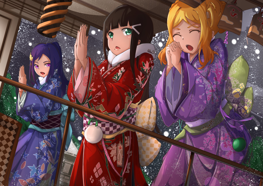 3girls architecture black_hair blonde_hair blue_kimono blunt_bangs checkered_sash closed_eyes commentary_request cowboy_shot east_asian_architecture fingernails flower_hairpin fur-trimmed_kimono fur_trim green_eyes green_sash hair_ornament hair_scrunchie highres japanese_clothes kimono kurosawa_dia long_hair looking_at_another looking_to_the_side love_live! love_live!_sunshine!! matsuura_kanan mole mole_under_mouth multiple_girls new_year ohara_mari open_mouth outdoors own_hands_together ponytail purple_eyes purple_hair purple_kimono purple_sash railing red_kimono renze_l sash scrunchie sidelocks snowing teeth upper_teeth_only wide_sleeves