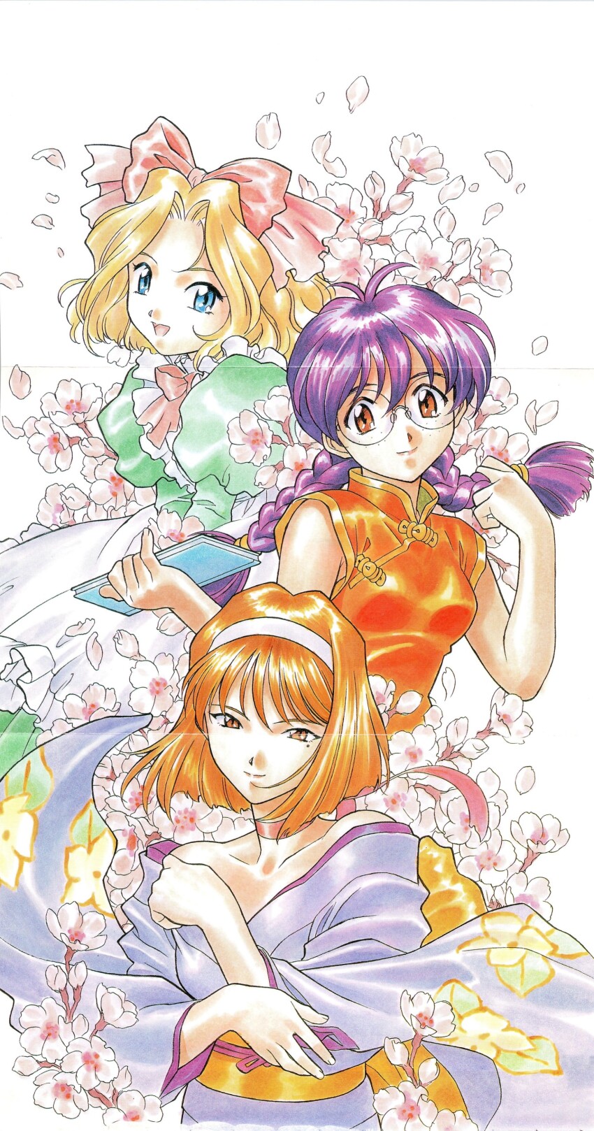 3girls absurdres apron bare_shoulders blonde_hair blue_book blue_eyes blunt_ends book bow braid brown_eyes bud cherry_blossoms child china_dress chinese_clothes choker closed_mouth collar collarbone collared_dress crease dress eyelashes floral_print floral_print_kimono floral_print_sleeves freckles frilled_apron frills glass green_dress green_sleeves hair_between_eyes hair_bow hair_intakes headband highres holding holding_book holding_own_hair iris_chateaubriand japanese_clothes jimiko kanzaki_sumire kimono light_brown_hair light_smile long_hair long_sleeves looking_at_viewer low-tied_long_hair mandarin_collar matsubara_hidenori mole mole_under_eye multiple_girls narrowed_eyes obi obijime official_art open_mouth parted_bangs parted_lips petals pink_bow pinky_out poster_(medium) print_kimono puffy_sleeves purple_hair purple_headband purple_kimono purple_sleeves red_collar red_dress red_ribbon ri_kouran ribbon ribbon_choker rimless_eyewear round_eyewear sakura_taisen sash saturated scan scan_artifacts sega short_hair simple_background tareme third-party_source traditional_media twin_braids upper_body white_apron white_background wide_sleeves yellow_sash