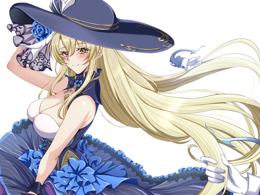 1girl bare_shoulders black_dress blonde_hair breasts cleavage corsage detached_collar disembodied_hand dress grabbing_another&#039;s_hair hat langrisser langrisser_ii langrisser_mobile large_breasts long_hair looking_at_viewer official_alternate_costume orange_eyes rana_(langrisser) smile tsukiyuki_mike upper_body very_long_hair white_background