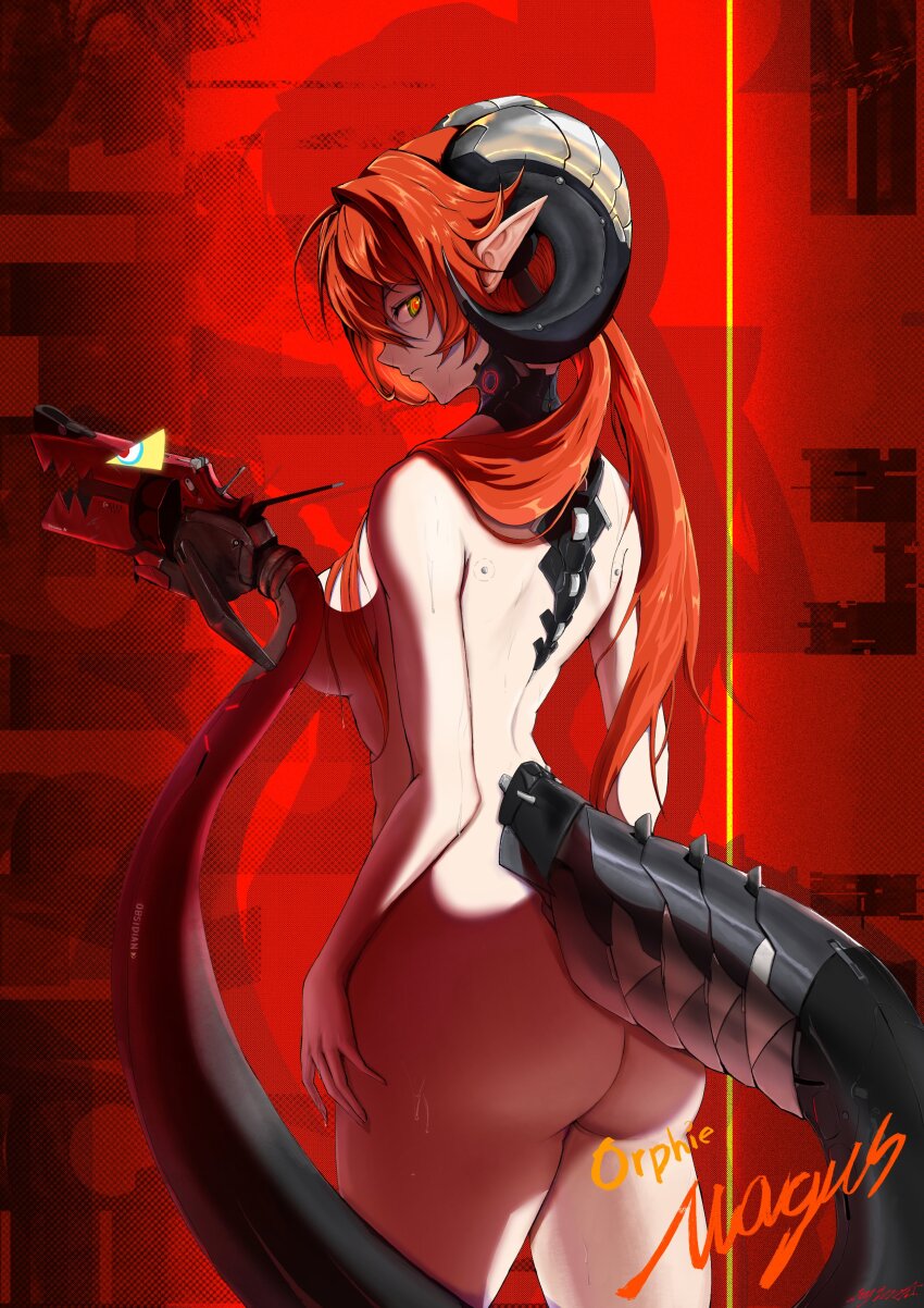 1girl 1other absurdres artist_name ass bare_arms bare_legs bare_shoulders black_horns breasts character_name closed_mouth commentary completely_nude cowboy_shot dragon_girl dragon_horns english_commentary from_behind green_eyes gun hair_between_eyes hand_on_own_leg highres horns jayjeerat long_hair looking_at_viewer looking_back magus_(zenless_zone_zero) mechanical_horns mechanical_spine mechanical_tail medium_breasts nude orange_hair orphie_magnusson pointy_ears red_background red_pupils shadow single_hair_intake sweat tail twintails weapon zenless_zone_zero