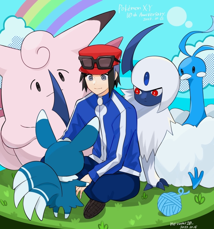 1boy absol altaria anniversary blue_jacket blue_pants calem_(pokemon) clefable closed_mouth commentary_request copyright_name dated eyewear_on_headwear gen_1_pokemon gen_3_pokemon gen_6_pokemon genjitsu_o_miro grass grey_eyes hat highres jacket long_sleeves male_focus meowstic nintendo pants pokemon pokemon_(creature) pokemon_xy red_headwear shoe_soles shoes short_hair sitting sunglasses yarn yarn_ball zipper_pull_tab