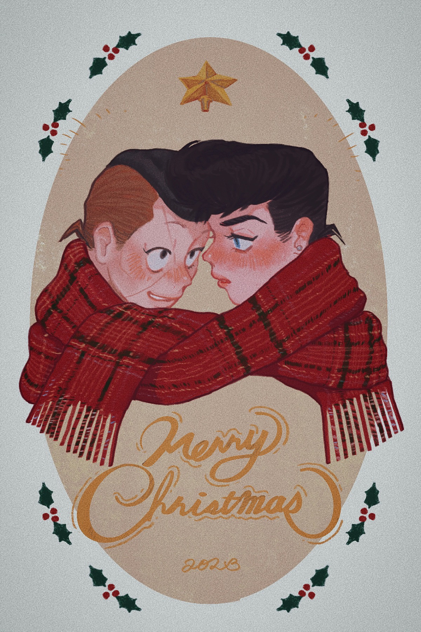 2023 2boys black_hair blue_eyes blush brown_eyes diamond_wa_kudakenai earrings facial_mark film_grain higashikata_josuke highres jewelry jojo_no_kimyou_na_bouken looking_at_another low_ponytail male_focus merry_christmas mistletoe multicolored_hair multiple_boys nijimura_okuyasu parted_lips pearl_earrings plaid_clothes plaid_scarf pompadour ponytail red_lips red_scarf scarf shared_clothes shared_scarf short_ponytail smile t_0nd two-tone_hair yaoi