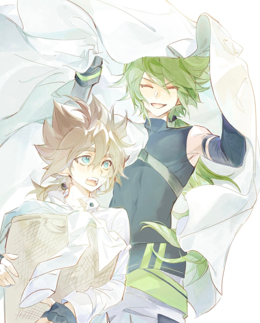 2boys :d ^_^ absurdres aged_down anmicius aotu_world aqua_eyes asymmetrical_clothes basket bed_sheet belt black_gloves black_shirt brown_hair chest_belt chinese_commentary closed_eyes detached_sleeves fingerless_gloves gloves green_belt green_hair hair_between_eyes highres holding holding_basket holding_sheet jacket long_hair long_sleeves looking_at_another low_ponytail male_focus multiple_boys official_alternate_costume open_mouth pants ponytail shirt simple_background single_bare_shoulder smile sukebegg teeth tongue turtleneck upper_teeth_only white_background white_jacket white_pants white_shirt xander_(aotu_world) yaoi