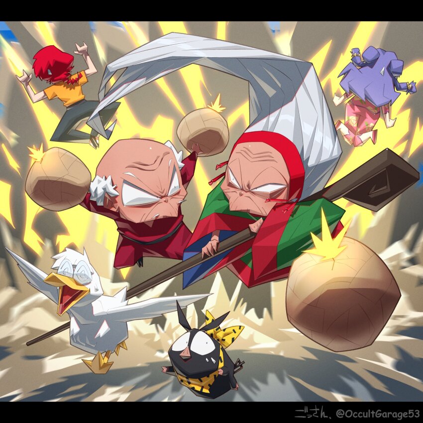 1boy 3girls bird black_pants bomb cologne_(ranma_1/2) double_bun duck explosive floral_print gossan grey_hair hair_bun happosai highres long_hair mousse_(duck)_(ranma_1/2) multiple_girls old old_man old_woman orange_shirt p-chan pants pig pink_pants pink_shirt pink_shoes purple_hair ranma-chan ranma_1/2 red_hair shampoo_(ranma_1/2) shirt shoes sweatdrop wide_sleeves