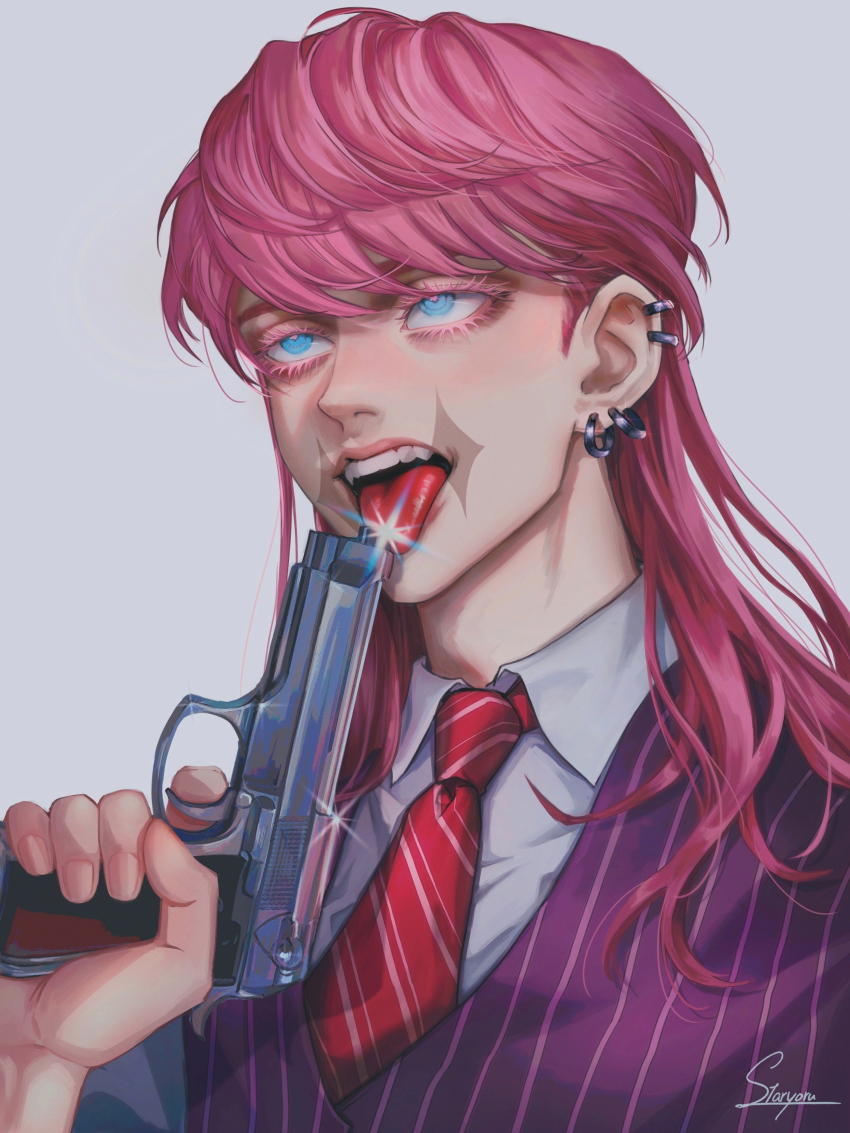 1boy absurdres aiming_up artist_name blue_eyes collared_shirt ear_piercing eyelashes from_side gun highres holding holding_gun holding_weapon light_blush looking_up male_focus medium_hair necktie open_mouth piercing pink_hair portrait purple_vest red_necktie sanzu_haruchiyo scar scar_on_face shirt simple_background solo staryoruu teeth tokyo_revengers tongue tongue_out upper_teeth_only vest weapon white_shirt wolf_cut