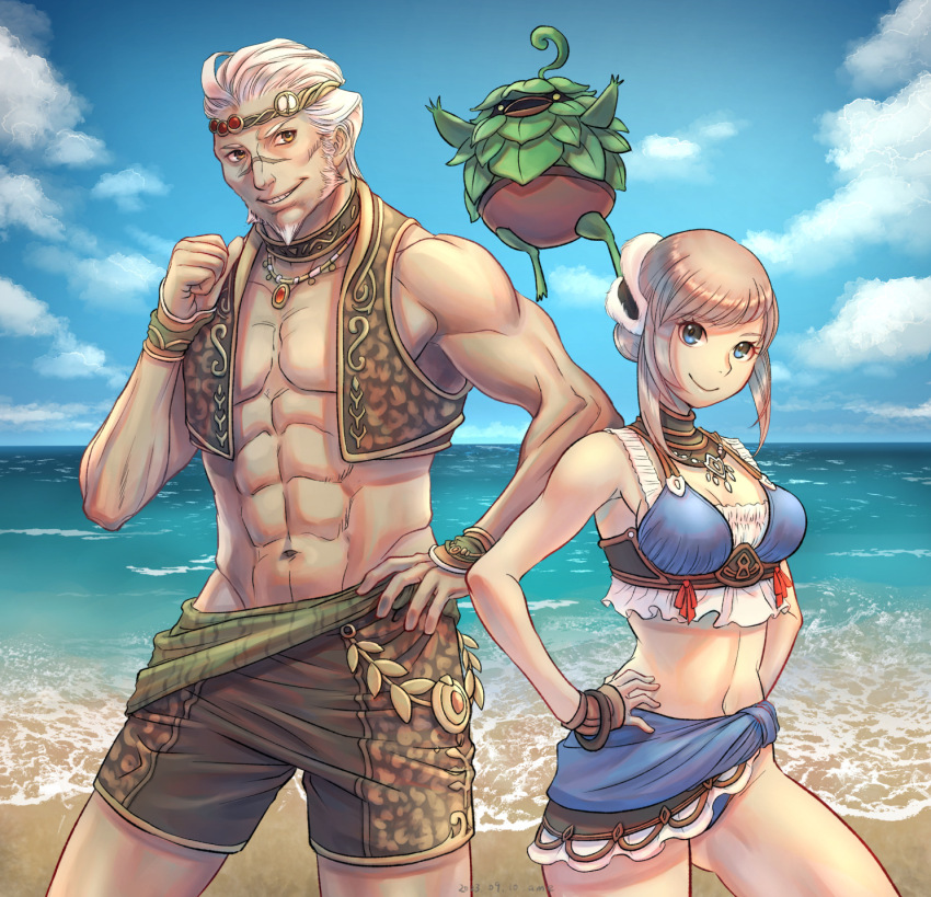 1boy 1girl abs arciela_v_adoulin bead_necklace beads bikini blue_bikini blue_eyes blue_sarong bonnet breasts cactus41747280 circlet cleavage crown final_fantasy final_fantasy_xi grey_hair highres jewelry leafkin medium_breasts midriff muscular muscular_male navel necklace pectorals sarong swimsuit yellow_eyes