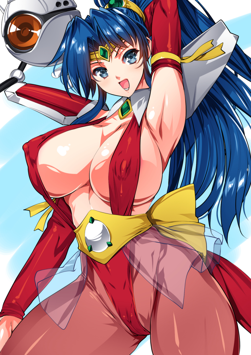 1girl arm_up arm_warmers armor armpits blue_eyes blue_hair breasts cameltoe center_opening choujin_gakuen_gowcaizer covered_erect_nipples highres hishizaki_shaia_(gowcaizer) large_breasts leotard long_hair looking_at_viewer open_mouth pantyhose ponytail red_leotard red_pantyhose revealing_clothes shoulder_armor sideboob smash_daisaku solo