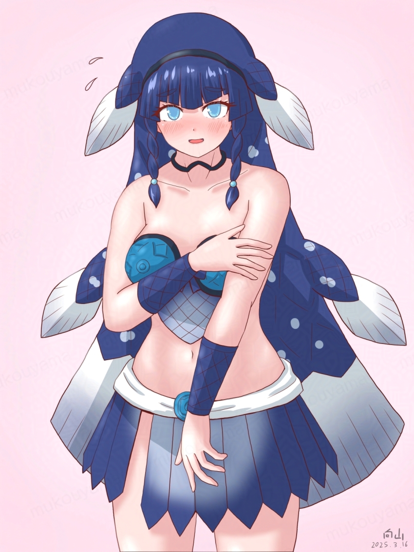 1girl bare_shoulders black_choker blue_eyes blue_hair blue_shirt blue_skirt blush braid choker coelacanth_(kemono_friends) cowboy_shot embarrassed fins fish_girl fish_tail gauntlets hair_between_eyes head_fins highres japari_symbol kemono_friends long_hair midriff mukouyama_mu multicolored_hair navel pink_background pleated_skirt scales shirt side_braid sidelocks skirt sleeveless solo tail white_hair