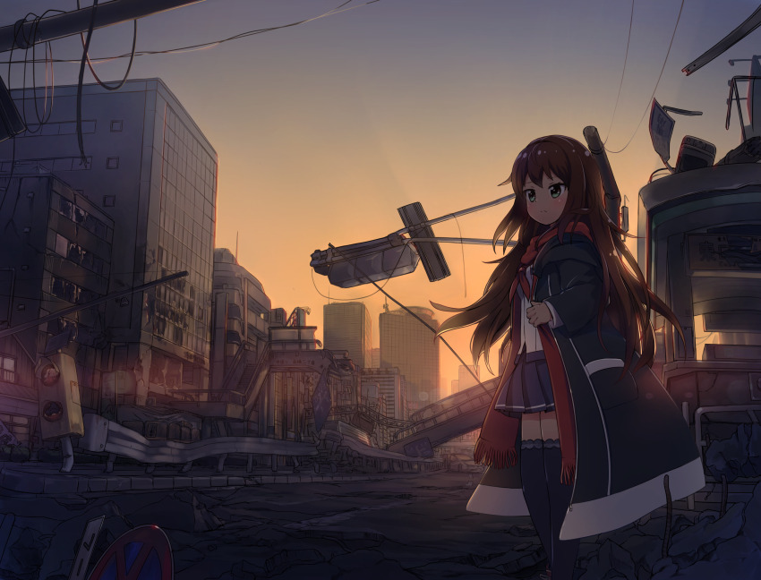1girl battle_girl_high_school black_coat black_thighhighs blush brown_hair building cable clip_studio_paint_(medium) closed_mouth coat commentary_request debris dusk green_eyes highres long_hair looking_ahead misaki_(battle_girl_high_school) neckerchief outdoors pleated_skirt post-apocalypse red_neckerchief red_scarf ruins scarf shirt skirt solo tamanegi_(12030028) thighhighs traffic_light white_shirt zettai_ryouiki