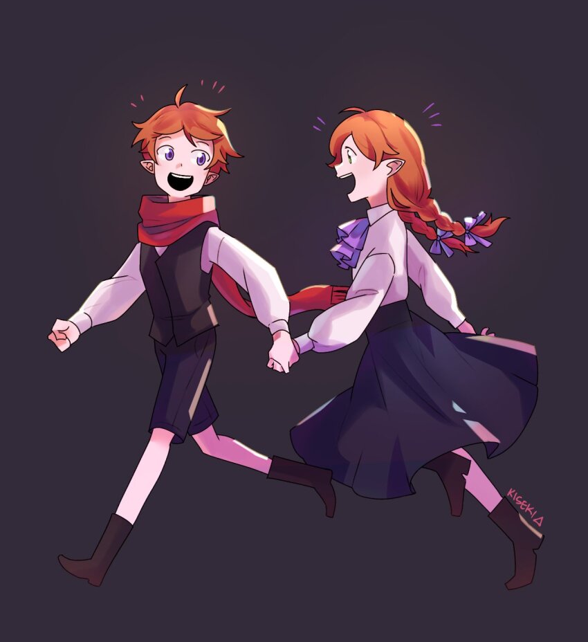 1boy 1girl aged_down ahoge alternate_costume braid brother_and_sister child empires_smp fwhip fwhip_(count) geminitay geminitay_(wizard) hair_ribbon happy highres kisekiii_25 long_hair minecraft_youtube orange_hair purple_eyes ribbon running short_hair siblings smile twin_braids twins