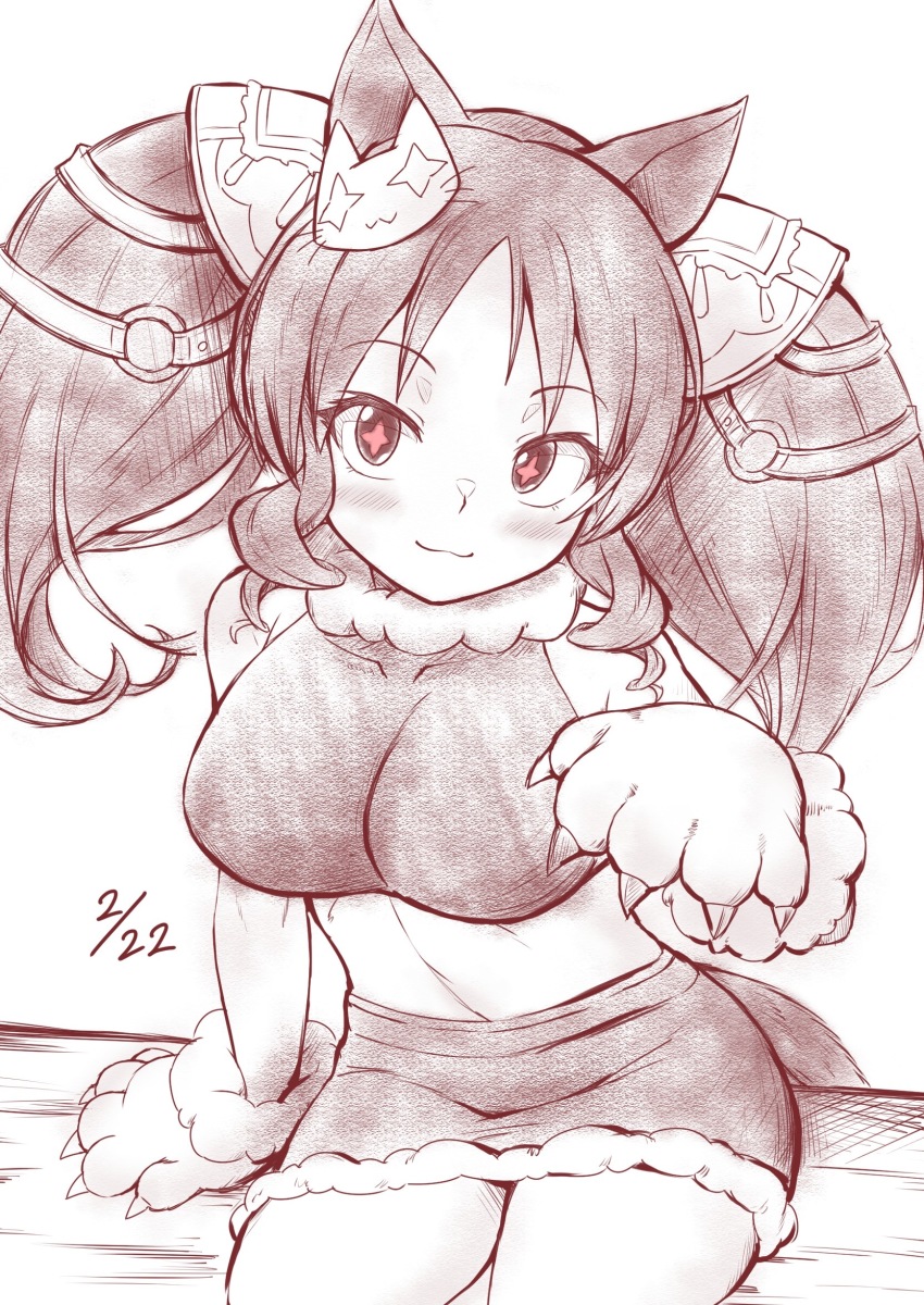 +_+ 1girl 2022 alternate_costume animal_costume animal_ears animal_hands bare_shoulders blush breasts cat_costume cat_ears cat_hair_ornament cat_paws dated drill_hair drill_sidelocks fur_trim hair_ornament hekahire_isurus highres large_breasts looking_at_viewer marvelous_sunday_(umamusume) navel sidelocks smile solo umamusume