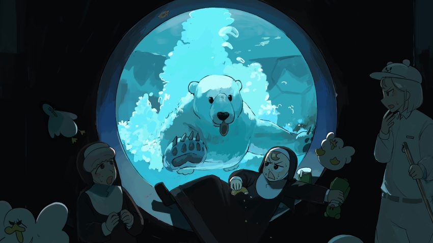 3girls :o absurdres bear bear_hat bird brown_eyes brown_hair commentary diva_(hyxpk) donut donut_stamp duck eating english_commentary food freckles froggy_nun_(diva) grey_hair highres little_nuns_(diva) multiple_girls nun pants polar_bear polar_bear_keeper_(diva) scared sheep_nun_(diva) shirt short_hair surprised tongue tongue_out traditional_nun triangle_mouth white_pants white_shirt zoo zookeeper zookeepers_(diva)