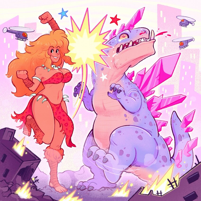 1girl aircraft blood blood_from_mouth bra breasts city claws commentary crystal_horns destruction dinosaur english_commentary fighting fire giant giant_monster giantess helicopter highres long_hair mostlyghostly nosebleed original red_bra red_nails rubble saliva size_difference skull_ornament smile star_(symbol) tears underwear uppercut