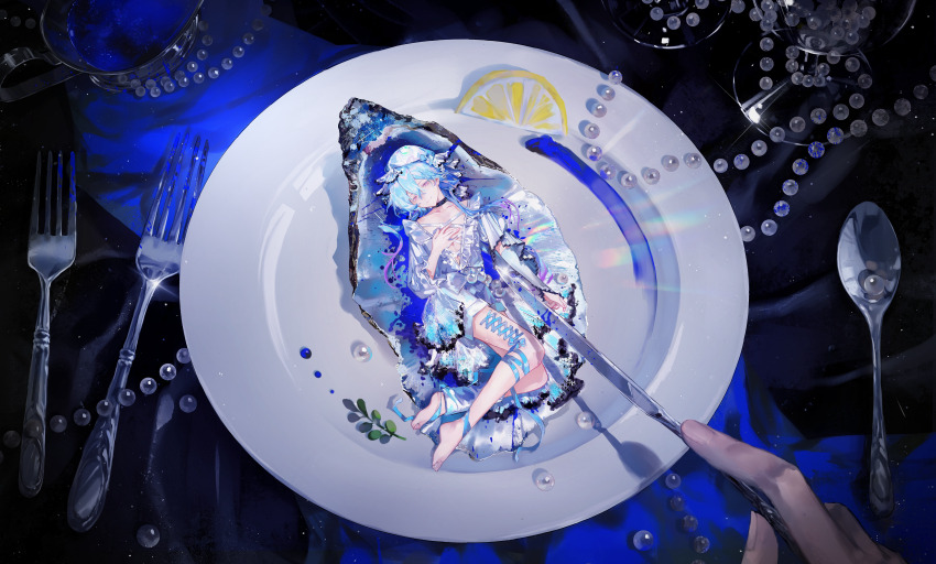 1boy absurdres alternate_costume arknights arm_warmers asymmetrical_sleeves bare_legs barefoot blue_hair blue_ribbon chinese_commentary closed_mouth collar collarbone colored_tips corset_piercing cross-laced_clothes cross-laced_top cup dispersion_(optics) drinking_glass food fork frilled_shirt frilled_sleeves frills fruit full_body garnish gem gravy_boat hair_between_eyes hand_on_own_chest hat highres holding holding_knife infection_monitor_(arknights) jewelry knife leg_piercing lemon lemon_slice light_particles long_hair looking_at_viewer lying male_focus mini_person miniboy mizuki_(arknights) mob_cap multicolored_hair necklace on_back on_plate out_of_frame oyster pearl_(gemstone) pearl_necklace pink_eyes plate plunging_neckline purple_hair ribbon seashell shell shirt shorts single_arm_warmer single_leg_warmer size_difference smile solo spoon tablecloth three-quarter_sleeves trap unworn_jewelry unworn_necklace waist_cape white_arm_warmers white_shirt white_shorts zhiqizhe06570