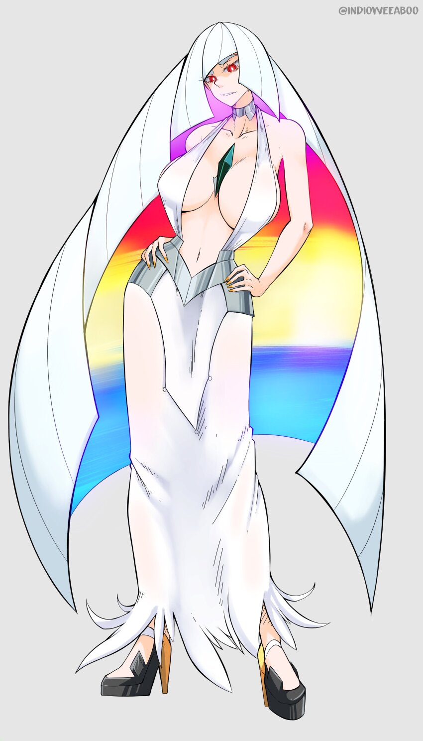 1girl 2022 absurdres arm_at_side breasts brooch center_opening choker clenched_hand clenched_teeth clothing_cutout colored_inner_hair commentary commission contrapposto cosplay creatures_(company) crossover detached_collar diamond_(shape) dress english_commentary evil_grin evil_smile female_focus floating_hair full_body fusion game_freak green_eyes grey_background grin hair_over_one_eye hands_on_own_hips high_heels highres indioweeaboo jewelry kill_la_kill kiryuuin_ragyou large_breasts long_hair lusamine_(pokemon) lusamine_(pokemon)_(cosplay) multicolored_hair nail_polish navel nintendo off_shoulder one_eye_covered open_clothes parted_lips platform_heels pokemon pokemon_sm rainbow_background rainbow_hair red_eyes side_cutout smile solo standing teeth very_long_hair white_dress white_hair yellow_nails