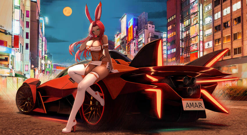 1girl absurdres against_vehicle animal_ears apollo_evo bandeau bikini billboard black_choker body_writing boots breasts building car checkered_flag choker commentary_request commission dark-skinned_female dark_skin fishnet_top fishnets flag gloves green_eyes hair_intakes hand_up high_heel_boots high_heels highleg highleg_bikini highres kcar66t large_breasts license_plate long_hair miniskirt moon motor_vehicle neon_sign night night_sky on_car original rabbit_ears rabbit_girl race_flag race_queen red_hair road skindentation skirt sky solo sports_car street swimsuit thigh_boots white_bandeau white_boots white_gloves white_skirt