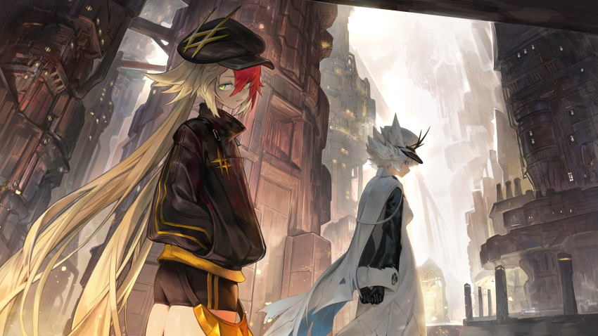 +_+ 2girls agoto alchemy_stars arms_behind_back black_gloves black_headwear black_jacket black_shorts blonde_hair blue_eyes building newsboy_cap cape city closed_mouth dress gloves gronru_(alchemy_stars) hair_spread_out hands_in_pockets hat highres jacket long_hair long_sleeves looking_at_viewer multicolored_hair multiple_girls peaked_cap philyshy_(alchemy_stars) red_hair short_hair shorts skyscraper standing twintails two-tone_hair underground very_long_hair white_dress white_hair white_headwear yellow_eyes