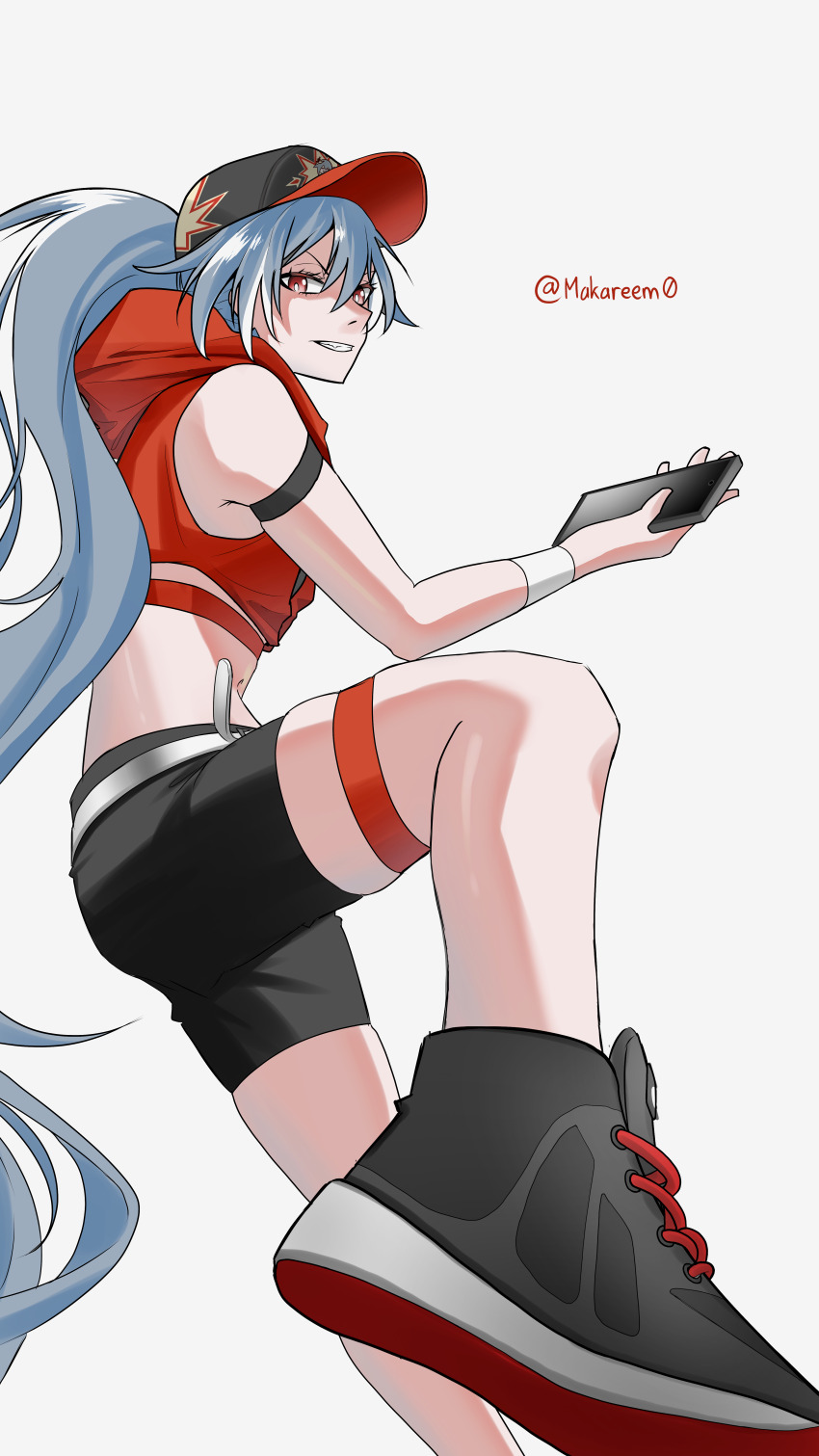 1girl absurdres air_jordan artist_name baseball_cap black_hair black_shoes hat herrscher_of_sentience highres holding holding_phone honkai_(series) honkai_impact_3rd jacket long_hair looking_at_viewer makareem midriff phone red_eyes red_jacket shoes simple_background sleeveless sleeveless_jacket solo thigh_strap v-shaped_eyebrows very_long_hair white_background