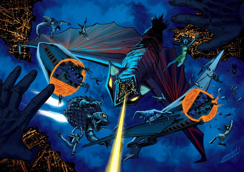 aerial_battle aircraft airplane battle bioluminescence boosters breath_weapon burning city city_lights daiei_motion_picture energy energy_beam epic exhaust falling fire flying gamera gamera_(series) gamera_vs._gyaos glowing glowing_eyes gyaos highres hot jeff_zornow kaiju laser melting molten_metal mouth_beam night pov rotated supersonic_scalpel thrusters turtle tusks wings yellow_laser