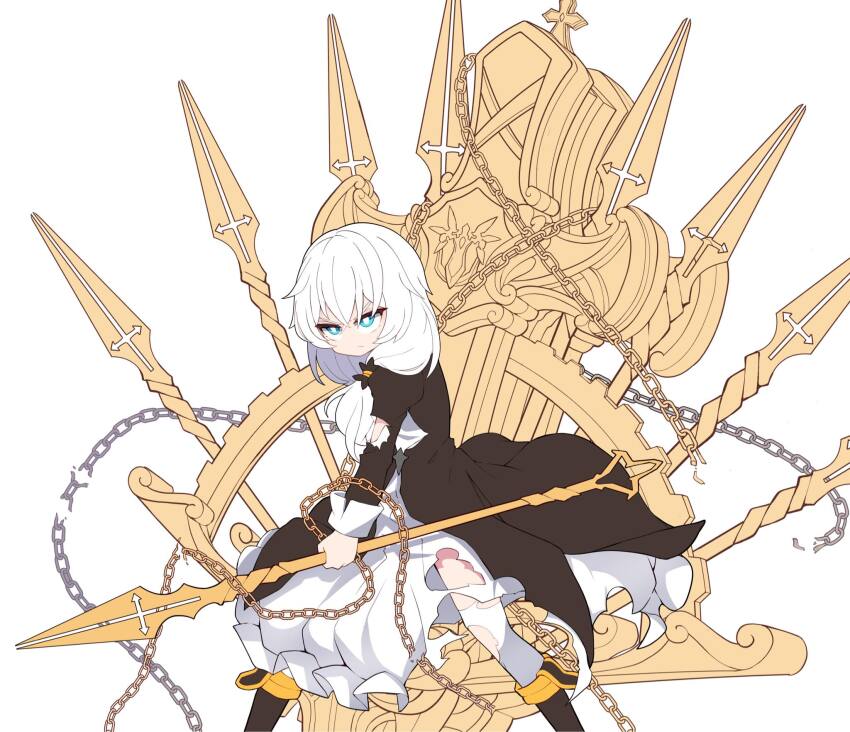 1girl arm_up black_boots black_jacket boots chain closed_mouth commentary dress english_commentary feet_out_of_frame hair_over_shoulder highres holding holding_polearm holding_weapon honkai_(series) honkai_impact_3rd jacket long_hair long_sleeves oath_of_judah polearm simple_background sketch solo spear standing theresa_apocalypse theresa_apocalypse_(valkyrie_pledge) thighhighs thighhighs_under_boots torn_clothes torn_dress torn_thighhighs v-shaped_eyebrows weapon white_background white_dress white_thighhighs xtacy
