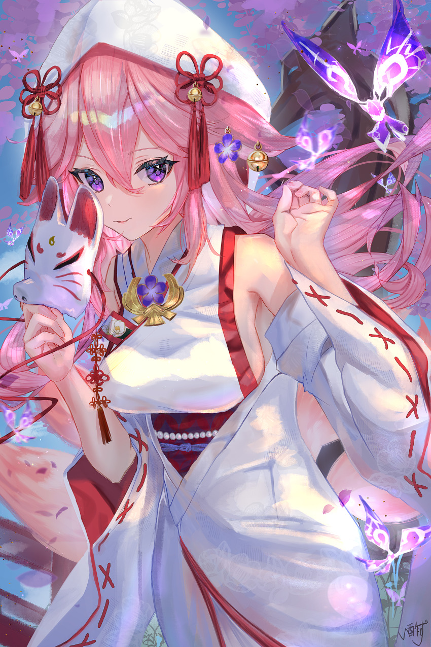 1girl absurdres animal_ears breasts bug butterfly cowboy_shot crystalfly_(genshin_impact) detached_sleeves earrings flower fox_ears fox_mask genshin_impact hair_between_eyes hair_flower hair_ornament highres holding holding_mask insect isuzu_(an_icy_cat) japanese_clothes jewelry kimono large_breasts long_hair looking_at_viewer mask pink_hair purple_eyes signature smile uchikake vision_(genshin_impact) yae_miko