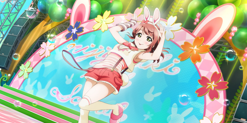 1girl :p absurdres animal_ears animal_print arm_warmers artist_name artist_request bare_legs bare_shoulders blush bow bowtie braid braided_bun breasts buttons cowboy_shot crescent_moon crescent_moon_symbol cropped_vest detached_sleeves exciting_animal_(love_live!) fake_animal_ears female_focus fur-trimmed_shorts fur_trim green_eyes hair_bow hair_bun hairband highres hood hooded_vest hoodie looking_at_viewer love_live! love_live!_nijigasaki_high_school_idol_club love_live!_school_idol_festival love_live!_school_idol_festival_all_stars moon on_stage orange_hair pants parted_lips pink_bow pink_shirt pink_slippers rabbit_ears rabbit_pose rabbit_print rabbit_tail red_bow red_hair red_shorts shirt short_hair short_pants short_shorts shorts side_bun single_detached_sleeve single_side_bun sleeveless sleeveless_hoodie slippers small_breasts smile solo stage stage_lights stairs standing standing_on_one_leg striped_clothes striped_shirt suspender_shorts suspenders tail tongue tongue_out uehara_ayumu vest white_hairband white_hoodie white_legwear white_vest yellow_eyes