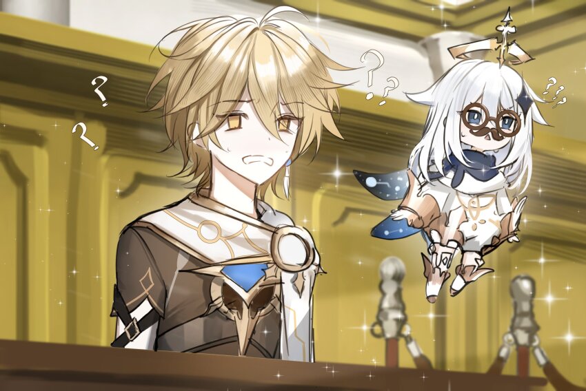 1boy 1girl ? ace_attorney aether_(genshin_impact) ahoge armor black_scarf blonde_hair blue_eyes boots braid brown-framed_eyewear brown_shirt confused courtroom crystal_hair_ornament earrings fake_facial_hair fake_mustache flying full_body genshin_impact gold_trim hair_between_eyes hair_ornament halo highres indoors jewelry long_hair long_sleeves mechanical_halo mini_person minigirl ninshi open_mouth paimon_(genshin_impact) parody puffy_long_sleeves puffy_sleeves round_eyewear scarf shirt short_sleeves shoulder_armor single_earring sparkle starry_sky_print sweatdrop teeth upper_body white_boots white_hair white_romper white_scarf yellow_eyes