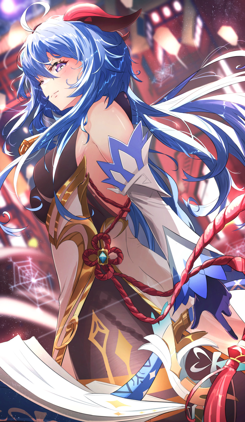 1girl absurdres ahoge architecture bare_shoulders bell blue_hair bodystocking breasts chinese_knot commentary_request cowbell detached_sleeves east_asian_architecture eiryu33 flower_knot from_side ganyu_(genshin_impact) genshin_impact gloves goat_horns hair_between_eyes highres horns looking_at_viewer medium_breasts neck_bell outdoors purple_eyes purple_gloves solo white_sleeves