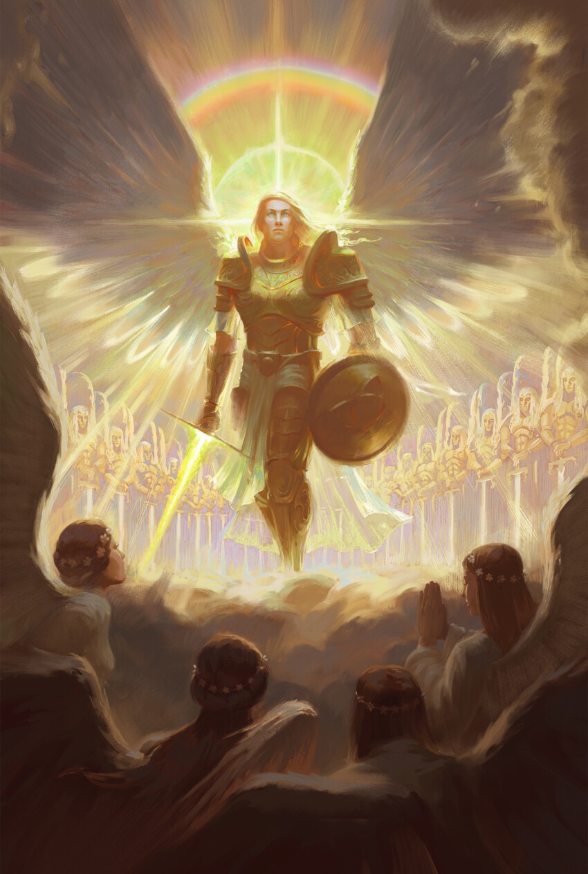 4boys 6+boys absurdres angel angel_wings archangel_michael armor blonde_hair blue_eyes bowing breastplate brown_hair commentary english_commentary feathered_wings full_armor gauntlets glowing glowing_sword glowing_weapon god&#039;s_sword_giants_and_the_demon_wars_of_gath gold gold_armor greaves halo harshanandsingh heaven highres holding holding_sword holding_weapon long_hair multicolored_halo multiple_boys ornate_armor pauldrons rainbow_halo shield shoulder_armor sword vambraces weapon wings