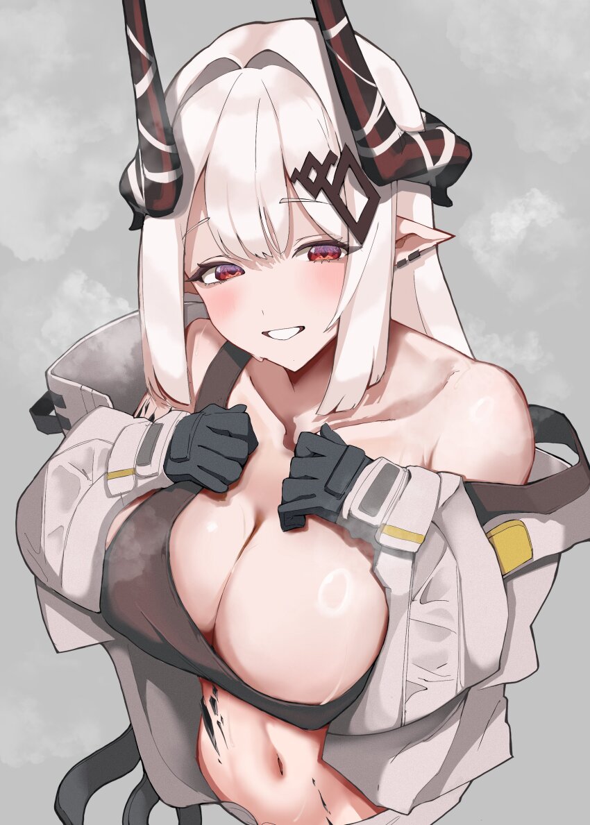 1girl absurdres arknights black_gloves breasts cleavage collarbone commentary_request crop_top demon_girl demon_horns ear_piercing gloves grey_background grey_jacket highres horns jacket large_breasts long_hair looking_at_viewer material_growth mudrock_(arknights) navel oripathy_lesion_(arknights) petraruruka piercing pointy_ears red_eyes simple_background solo stomach white_hair