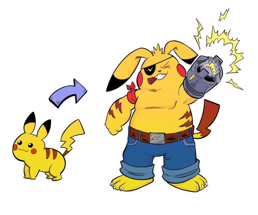 :3 arm_cannon arm_scarf arrow_(symbol) barefoot belt blue_pants brown_belt cigar commentary digimon digimon_(creature) electricity english_commentary eyepatch gen_1_pokemon grin highres nintendo pants parody pikachu pokemon pokemon_(creature) sam_o simple_background smile weapon white_background