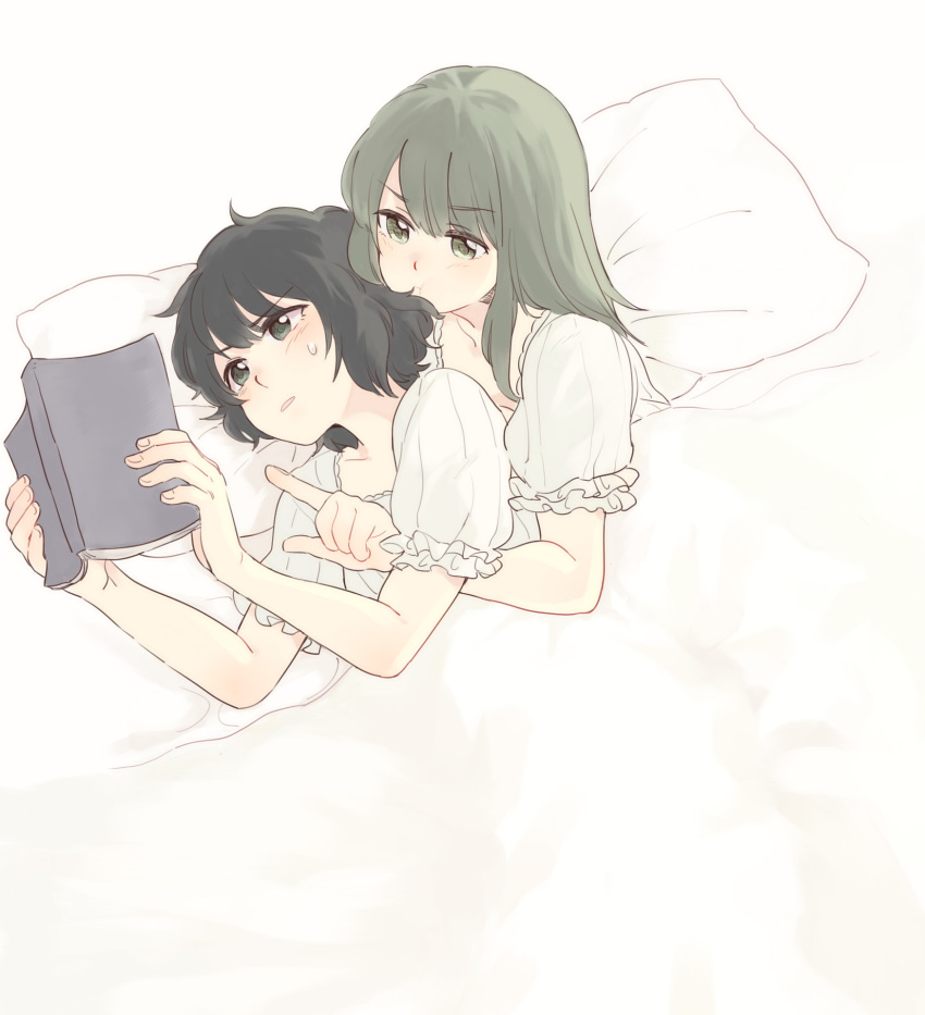 2girls :t black_eyes black_hair book brown_eyes brown_hair flowers_(innocent_grey) highres holding holding_book keiya lying medium_hair multiple_girls nightgown on_side open_book pillow pointing short_hair sweatdrop takasaki_chidori under_covers yaegaki_erika