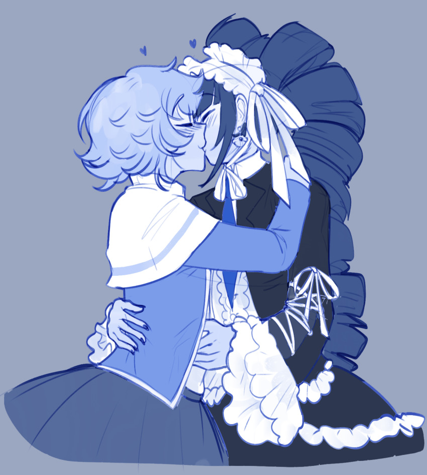 1boy 1girl black_jacket black_nails black_skirt blush capelet celestia_ludenberg center_frills danganronpa:_trigger_happy_havoc danganronpa_(series) earrings facing_another frilled_skirt frills fujisaki_chihiro heart hetero highres jacket jewelry kiss long_sleeves nail_polish short_hair simple_background skirt smile trap twinklelitchii white_capelet