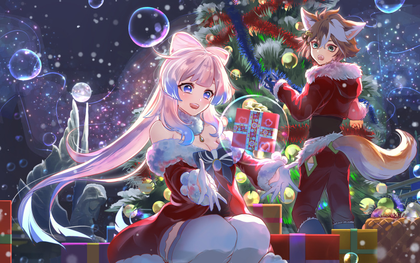 1boy 1girl animal_ears blue_gloves blunt_bangs bow-shaped_hair box breasts brown_hair bubble christmas christmas_ornaments christmas_tree cleavage commentary_request cropped_jacket dog_boy dog_ears dog_tail dress fur-trimmed_dress fur-trimmed_jacket fur-trimmed_pants fur_trim gem genshin_impact gift gift_box gloves gorou_(genshin_impact) highres jacket long_hair medium_breasts pants pink_hair purple_eyes red_dress red_jacket red_pants sangonomiya_kokomi shigemu_room short_hair strapless strapless_dress tail teardrop-shaped_gem teeth upper_teeth_only very_long_hair white_gloves
