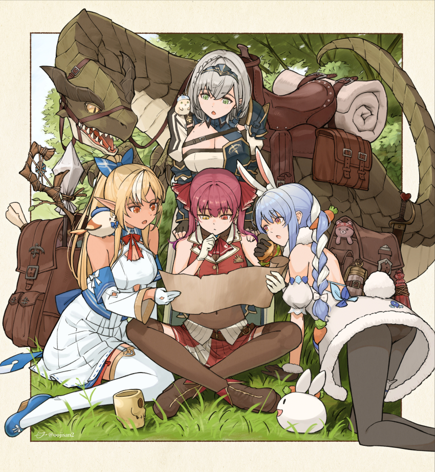 4girls all_fours animal_ears armor armored_dress ascot backpack bag black_headband black_panties black_pantyhose blonde_hair blue_dress blue_footwear blue_hair border bow braid breasts brown_footwear carrot_hair_ornament cleavage closed_mouth commentary_request crossed_ankles dark-skinned_female dark_skin day detached_sleeves dress elf elfriend_(shiranui_flare) food-themed_hair_ornament gloves green_eyes hair_bow hair_ornament hair_ribbon half_gloves hand_on_own_chin headband heterochromia highres hololive houshou_marine houshou_marine_(1st_costume) large_breasts leotard leotard_under_clothes lizard lizard_tail looking_at_map looking_at_viewer medium_hair miniskirt moto_oji-san multicolored_hair multiple_girls on_grass open_mouth orange_eyes outdoors outside_border panties pantyhose pekomon_(usada_pekora) pleated_skirt pointy_ears puffy_sleeves rabbit_ears rabbit_girl red_ascot red_eyes red_shirt red_skirt ribbon saddle scales see-through_clothes see-through_leotard shiranui_flare shiranui_flare_(1st_costume) shirogane_noel shirogane_noel_(1st_costume) shirt short_sleeves side_braid sitting skirt skull_cup sleeveless sleeveless_dress sleeveless_shirt slit_pupils streaked_hair sword tail thighhighs thinking tree twin_braids twintails two-tone_dress two-tone_hair underwear usada_pekora usada_pekora_(1st_costume) virtual_youtuber weapon white_border white_bow white_dress white_gloves white_hair white_sleeves white_thighhighs wide_sleeves wooden_staff yellow_eyes