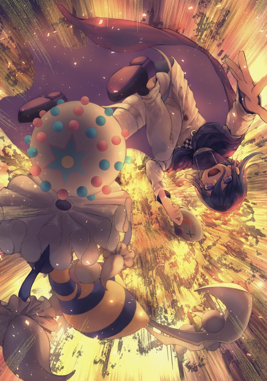 1boy blacephalon black_footwear black_hair cape crossover danganronpa_(series) danganronpa_v3:_killing_harmony gen_7_pokemon hair_between_eyes hand_up highres holding holding_mask jacket long_sleeves male_focus mask nintendo oma_kokichi outstretched_arm pants pokemon pokemon_(creature) poporo_v3 protected_link purple_eyes short_hair smile solo straitjacket teeth ultra_beast white_jacket white_pants
