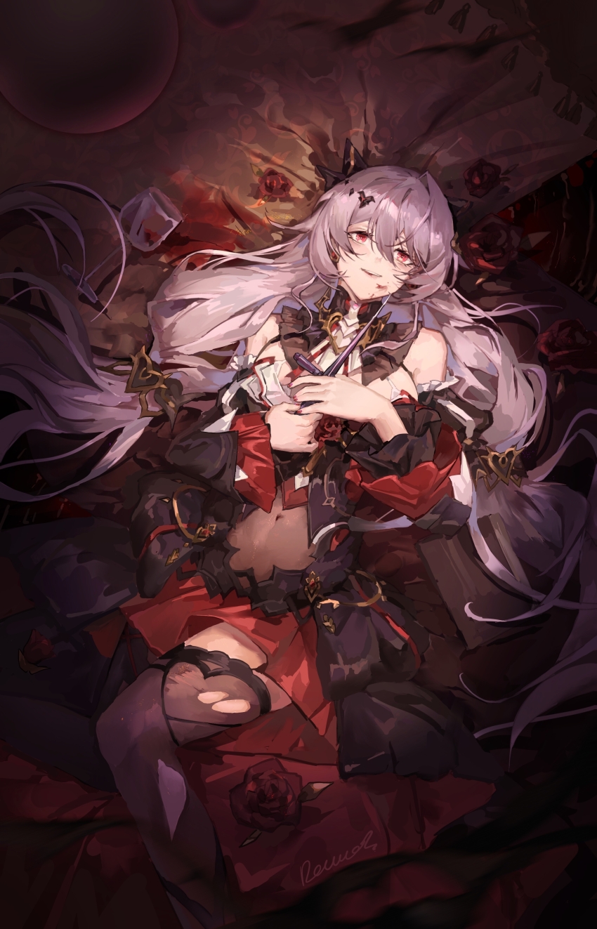 1girl absurdres bare_shoulders black_dress black_sleeves black_thighhighs chinese_commentary commentary cup dagger deawei detached_sleeves dress drinking_glass english_commentary feet_out_of_frame flower highres holding holding_dagger holding_knife holding_weapon honkai_(series) honkai_impact_3rd knife long_hair looking_at_viewer low-tied_long_hair low_twintails lying mixed-language_commentary navel on_back red_eyes red_flower red_nails red_rose rose rug see-through_clothes see-through_dress signature smile solo stake theresa_apocalypse theresa_apocalypse_(luna_kindred) theresa_apocalypse_(lunar_vow:_crimson_love) thighhighs torn_clothes torn_thighhighs twintails very_long_hair weapon white_hair wine_glass