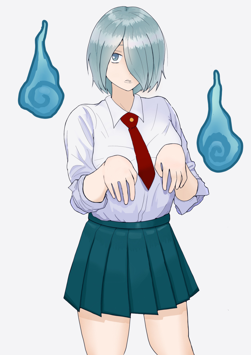 1girl absurdres artist_request asymmetrical_bangs boku_no_hero_academia breasts collared_shirt expressionless eyelashes female_focus fingernails ghost_pose grey_eyes hair_over_one_eye hands_up highres legs long_sleeves looking_at_viewer matching_hair/eyes medium_breasts medium_hair miniskirt neck necktie red_neckwear school_uniform shirt shirt_tucked_in sidelocks silver_hair simple_background skirt standing telekinesis thighs white_background white_shirt will-o&#039;-the-wisp_(mythology) yanagi_reiko